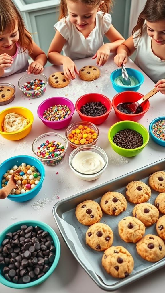 Children decorating cookies with sprinkles and chocolate chips at a kitchen table.